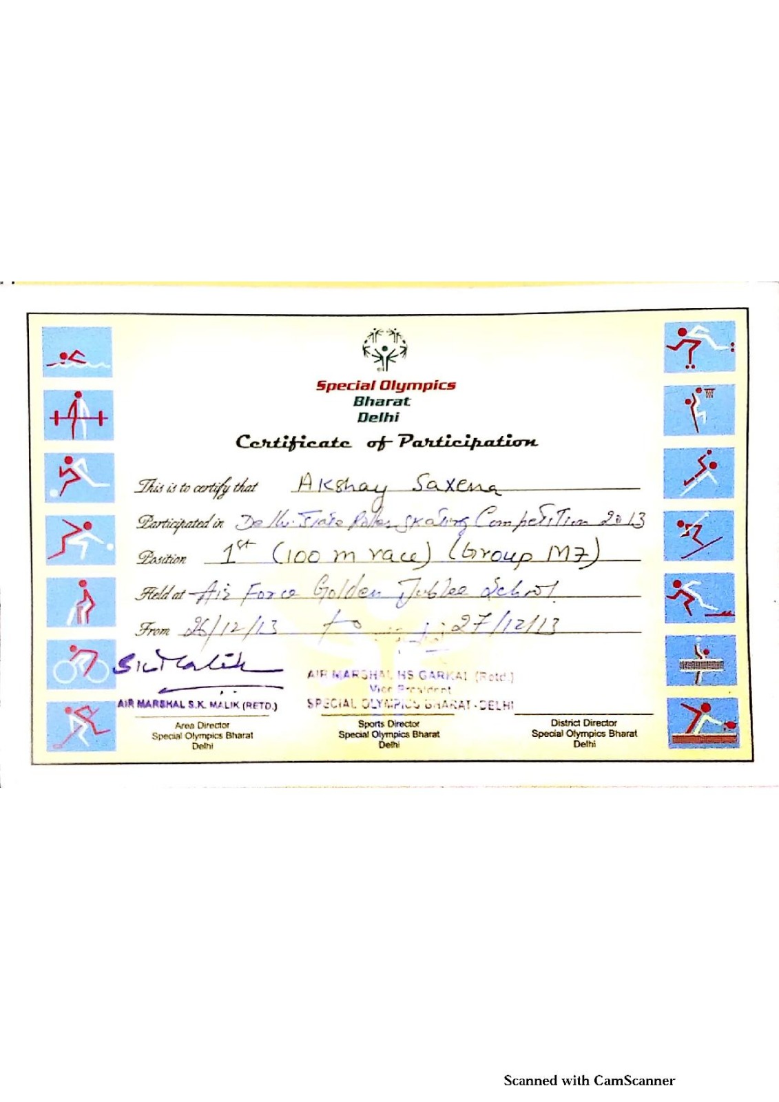 Special Olympics Bharat Certificate 2013
